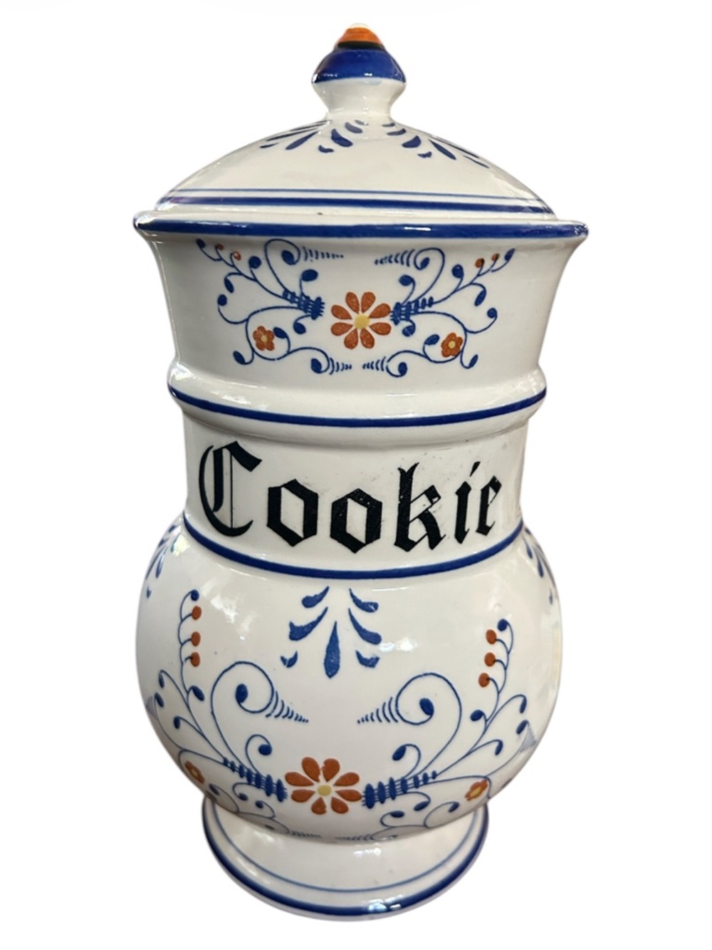 Vintage Cookie Jar with Blue & Orange Floral Design - Picture 1 of 6